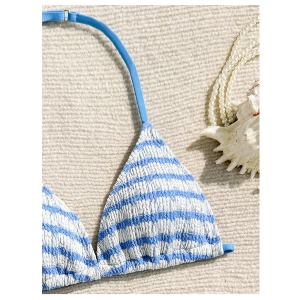 Girls Blue White Striped Smocked Halter Bikini Set Size 11Y